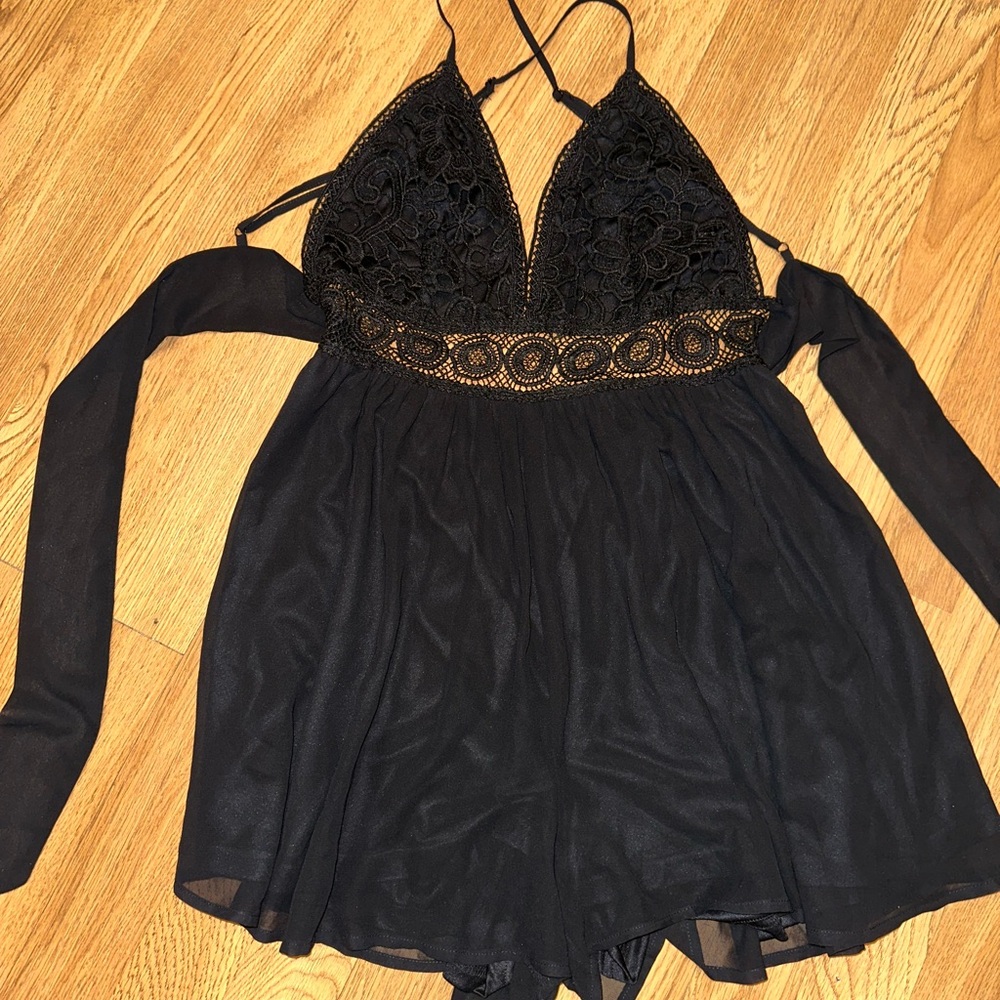 Miss Avenue Black Lace Chemise with Ornate Waistband Romper Skort - Picture 5 of 7